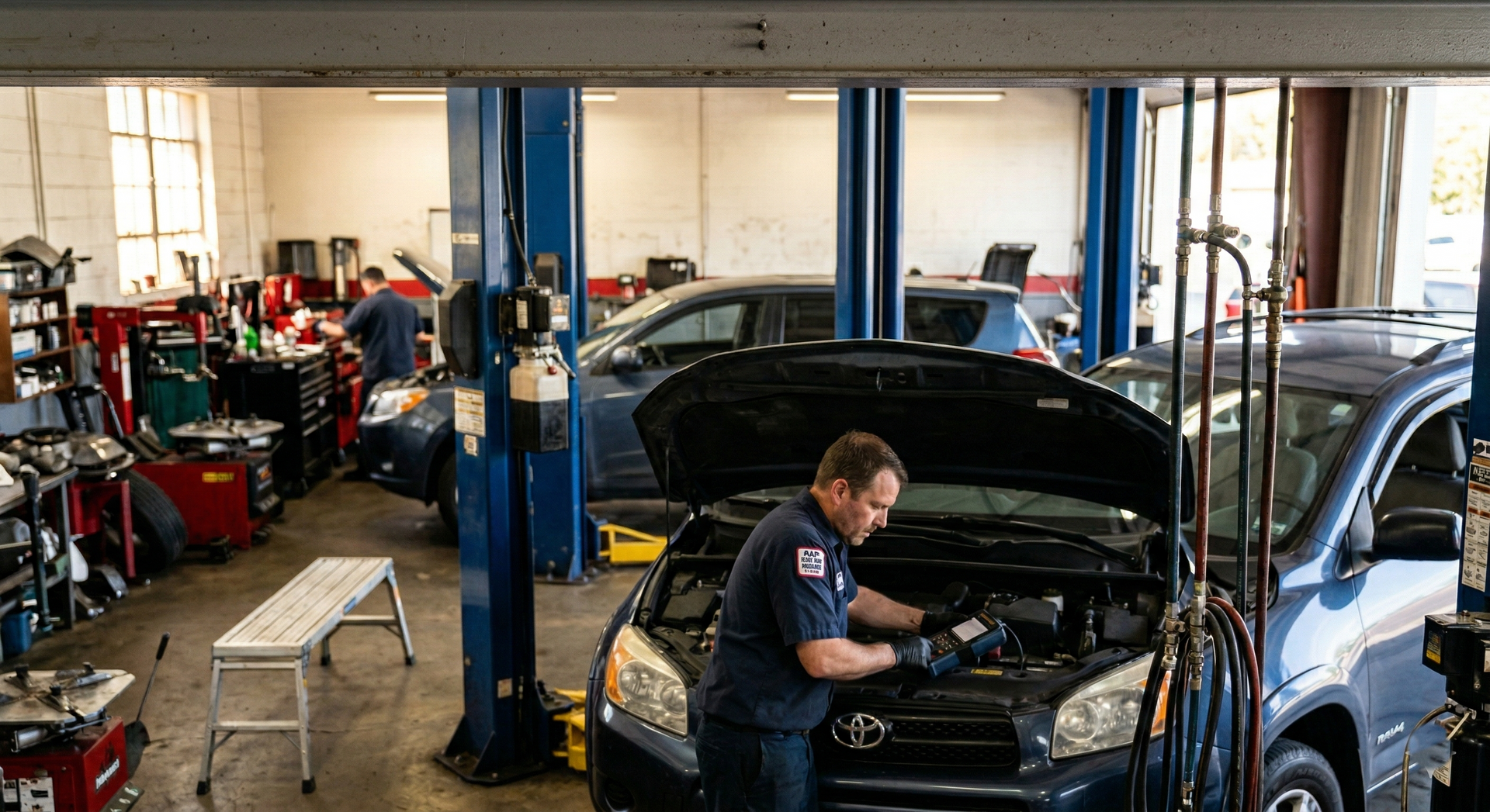 A mechanic in a blue uniform works under the hood of a blue Toyota SUV inside an auto repair shop.