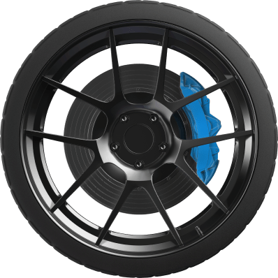 Black car wheel with blue brake caliper.