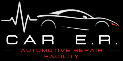 Logo for Car ER Automotive Repair Facility: white car outline, heartbeat graphic, and text on black background.