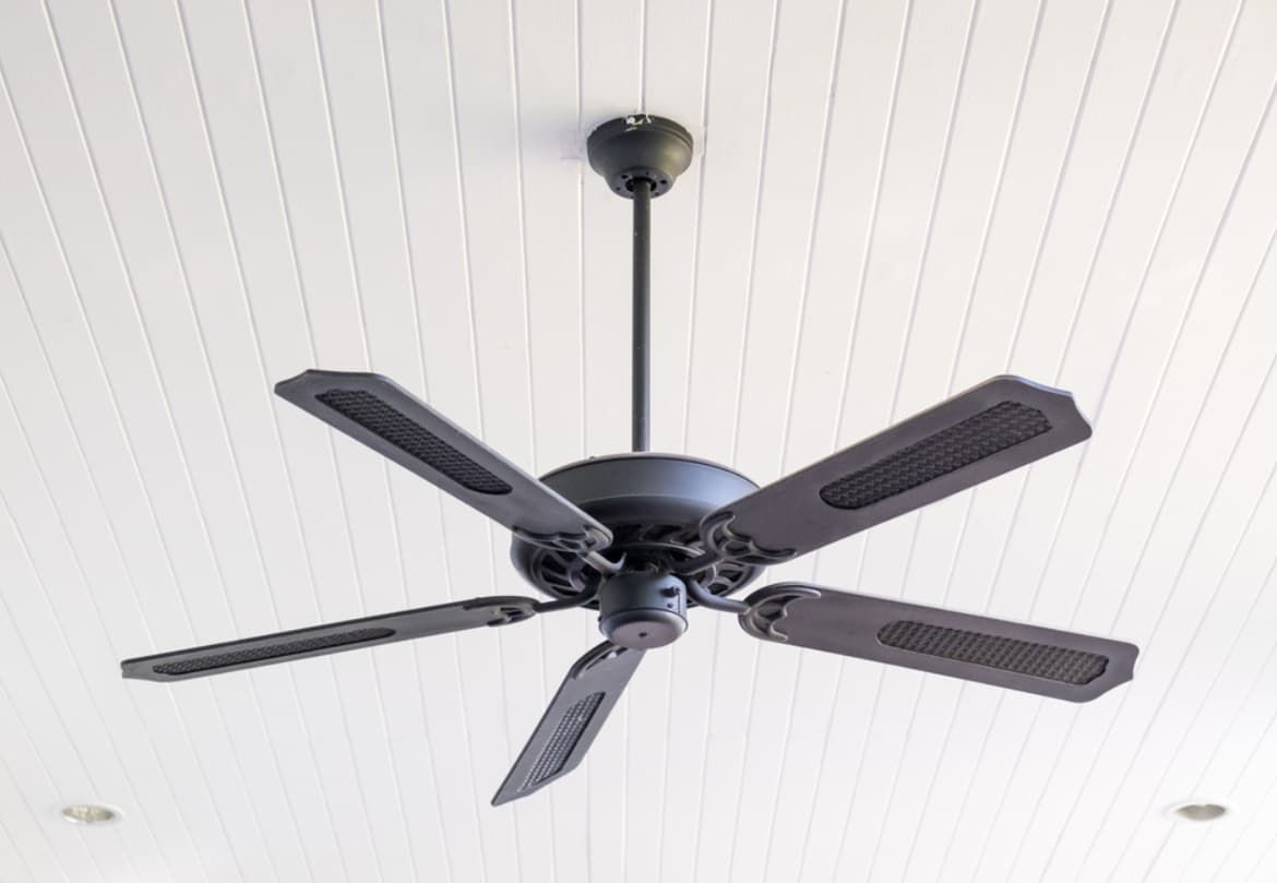 A Black Ceiling Fan Is Hanging From The Ceiling Of A Room — Mozzlec Electrical In Urangan, QLD