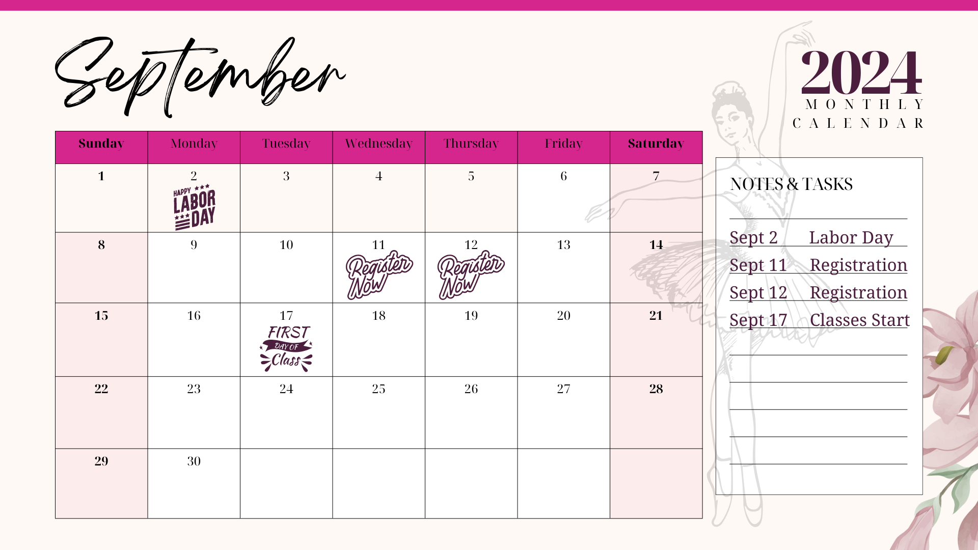 A calendar for the month of september with flowers on it.