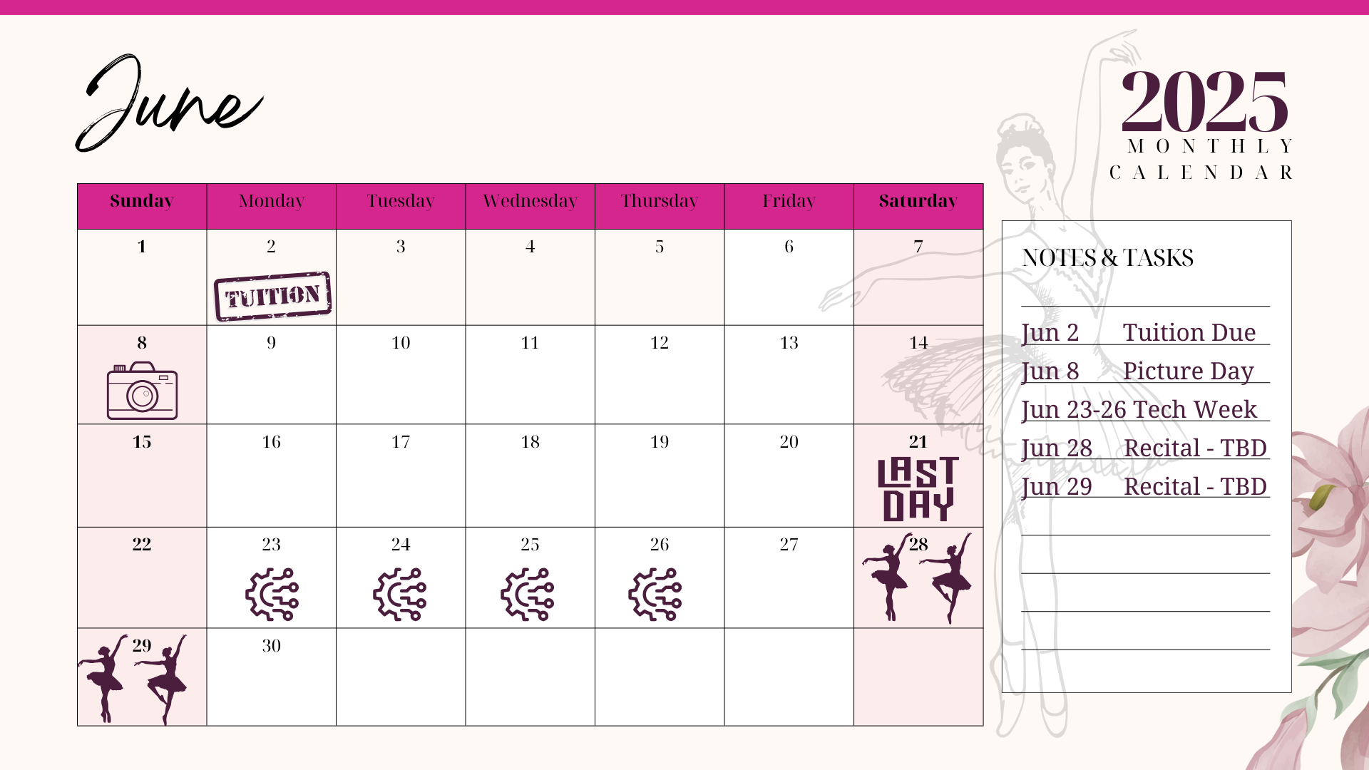 A calendar for the month of june with ballerinas and flowers on it.