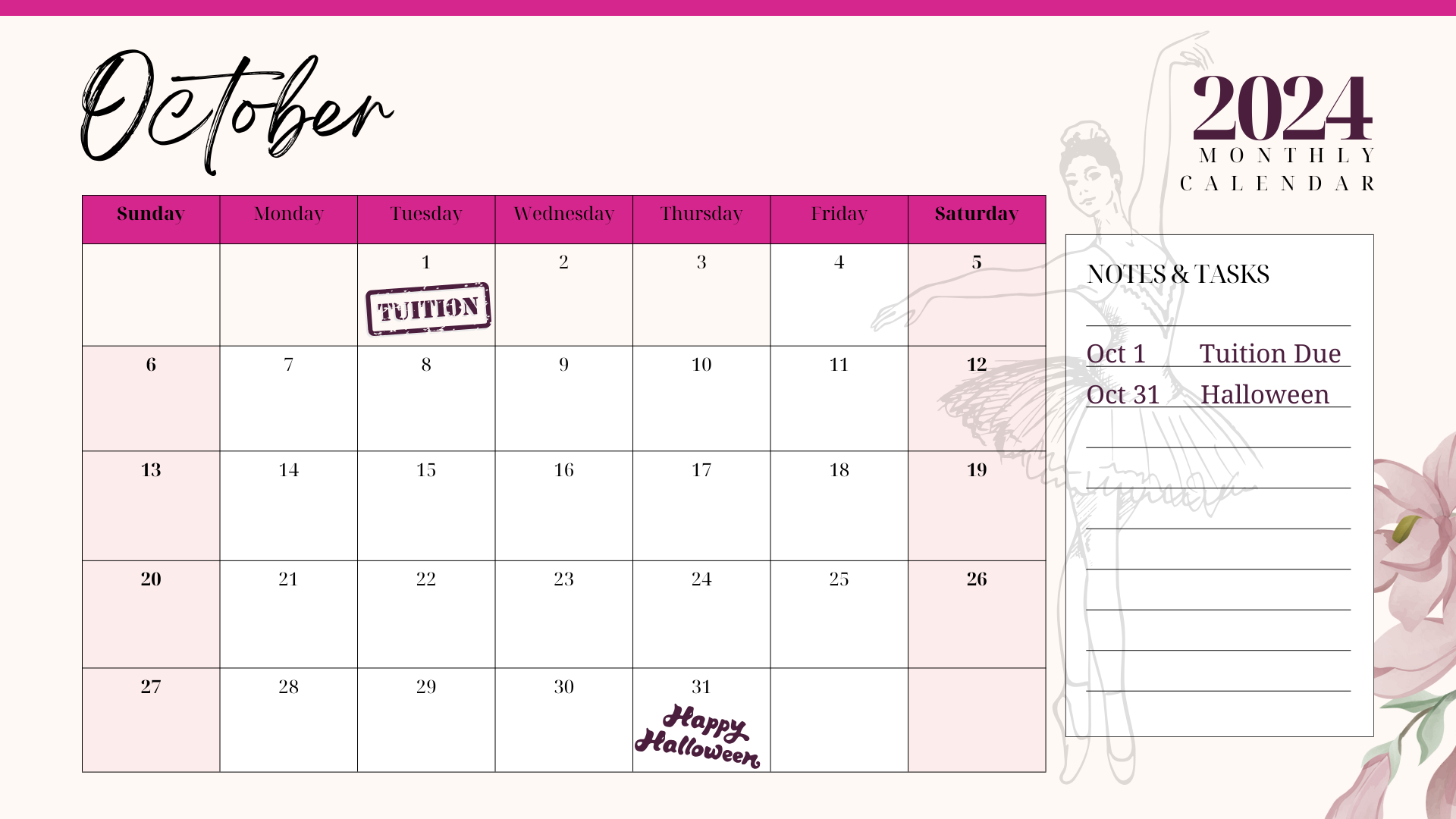 A pink and white calendar for october 2024