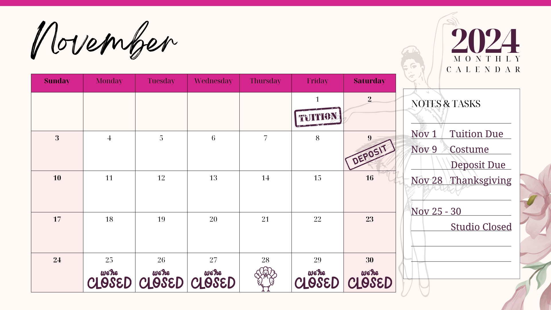 It is a calendar for the month of november.