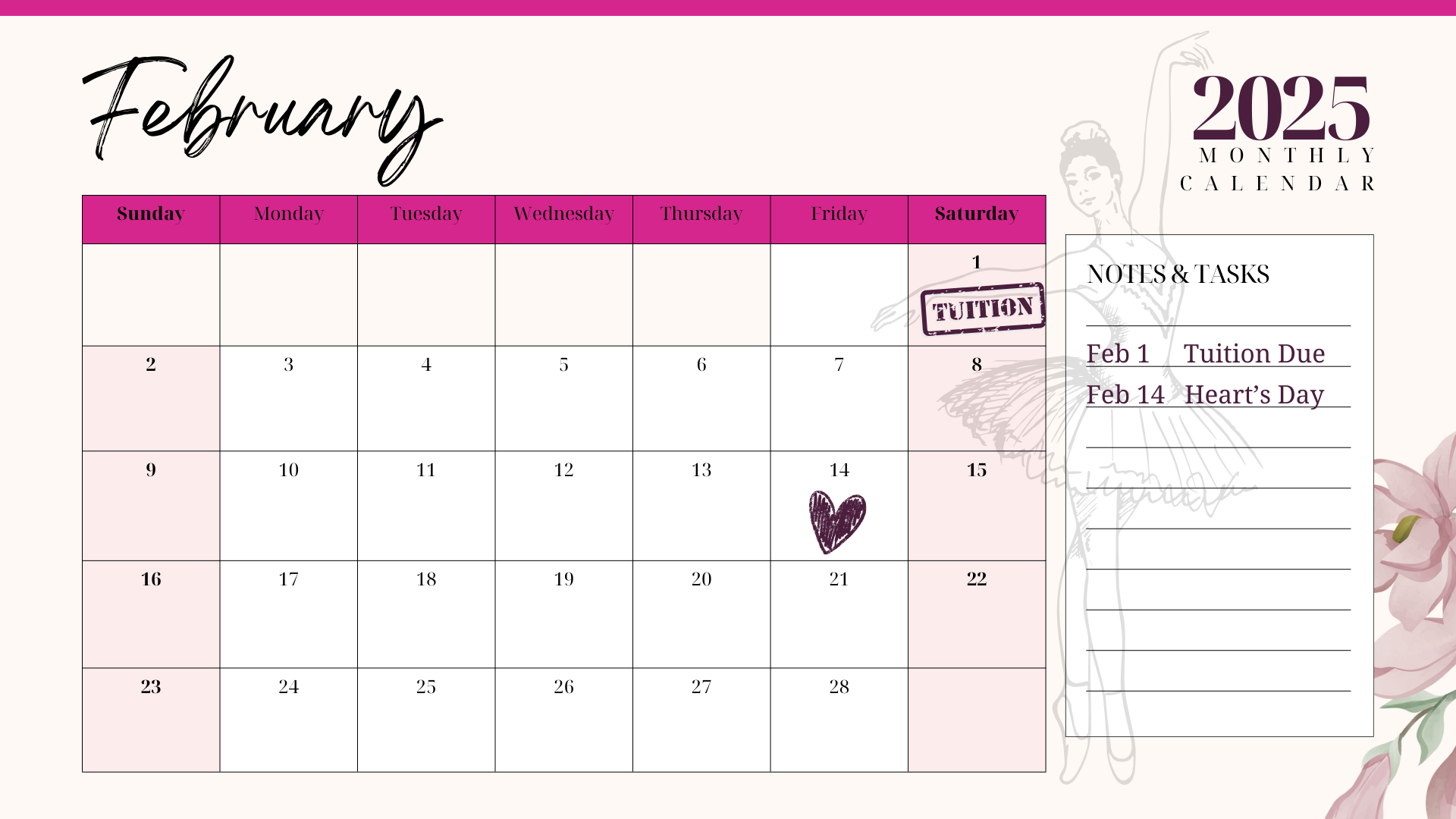 A calendar for the month of february with a heart on it.