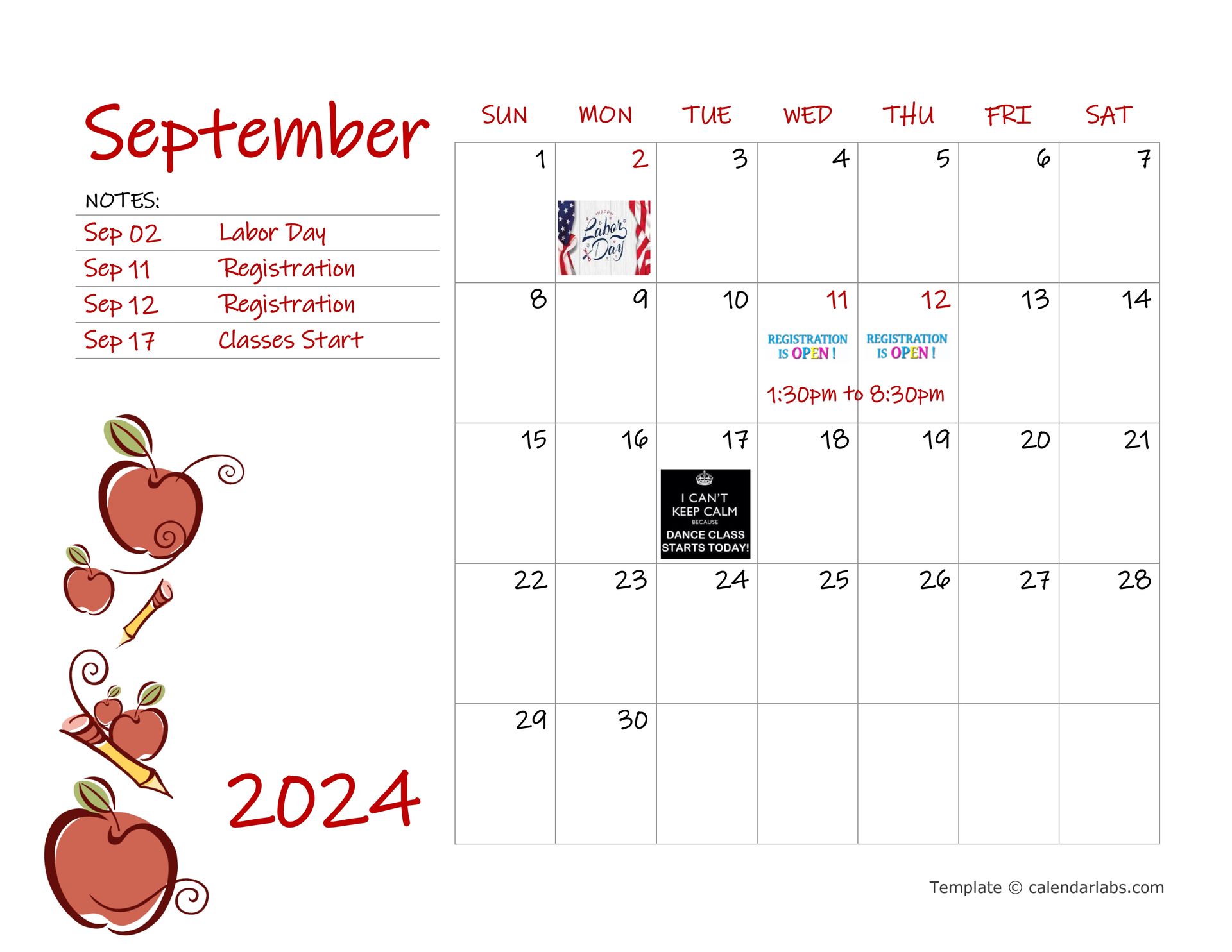 A calendar for september 2024 with apples and a pencil on it