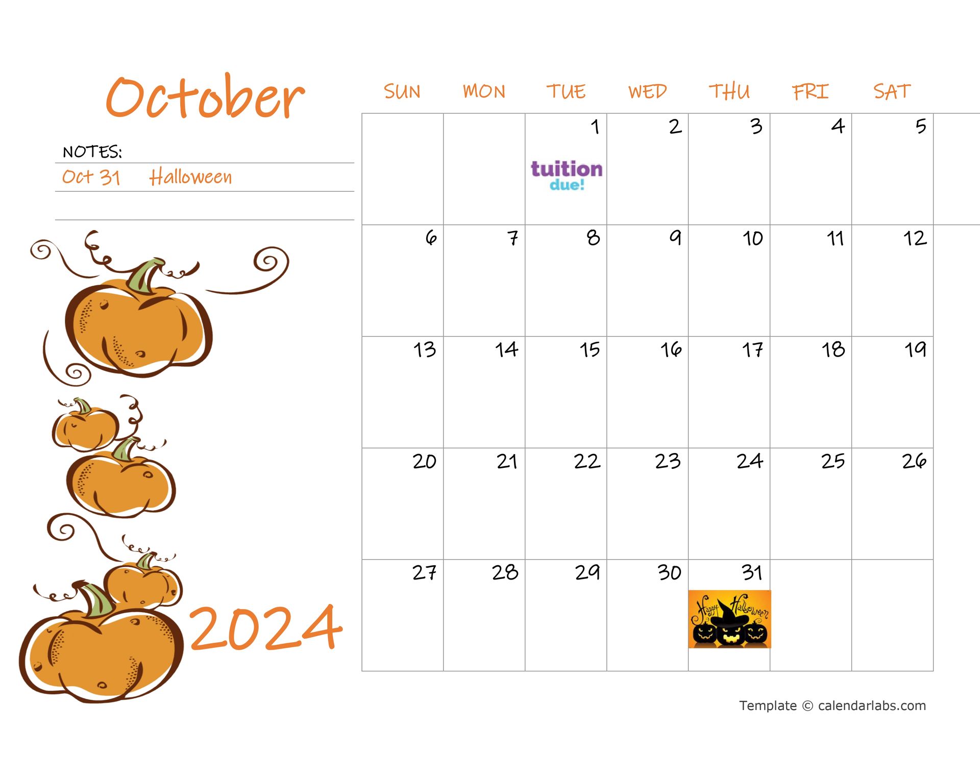 A calendar for october 2024 with pumpkins on it