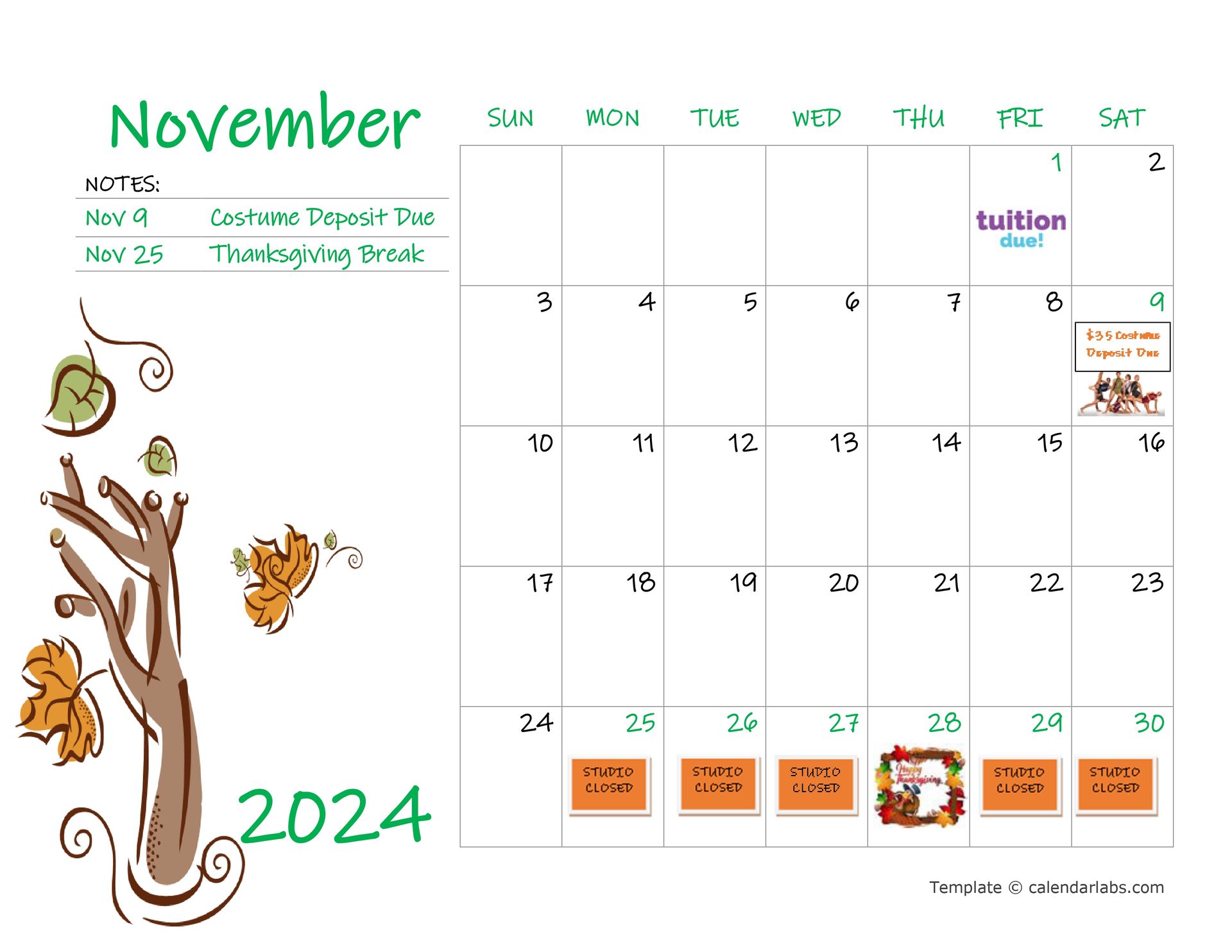 A calendar for the month of november with a tree and leaves on it.