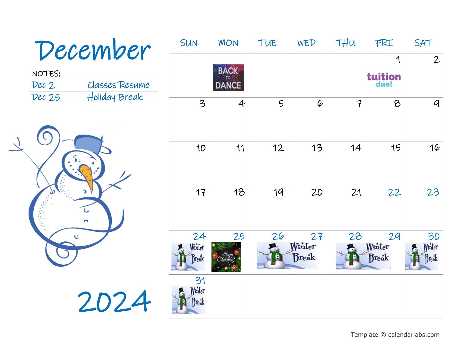 A calendar for the month of december with a snowman on it.