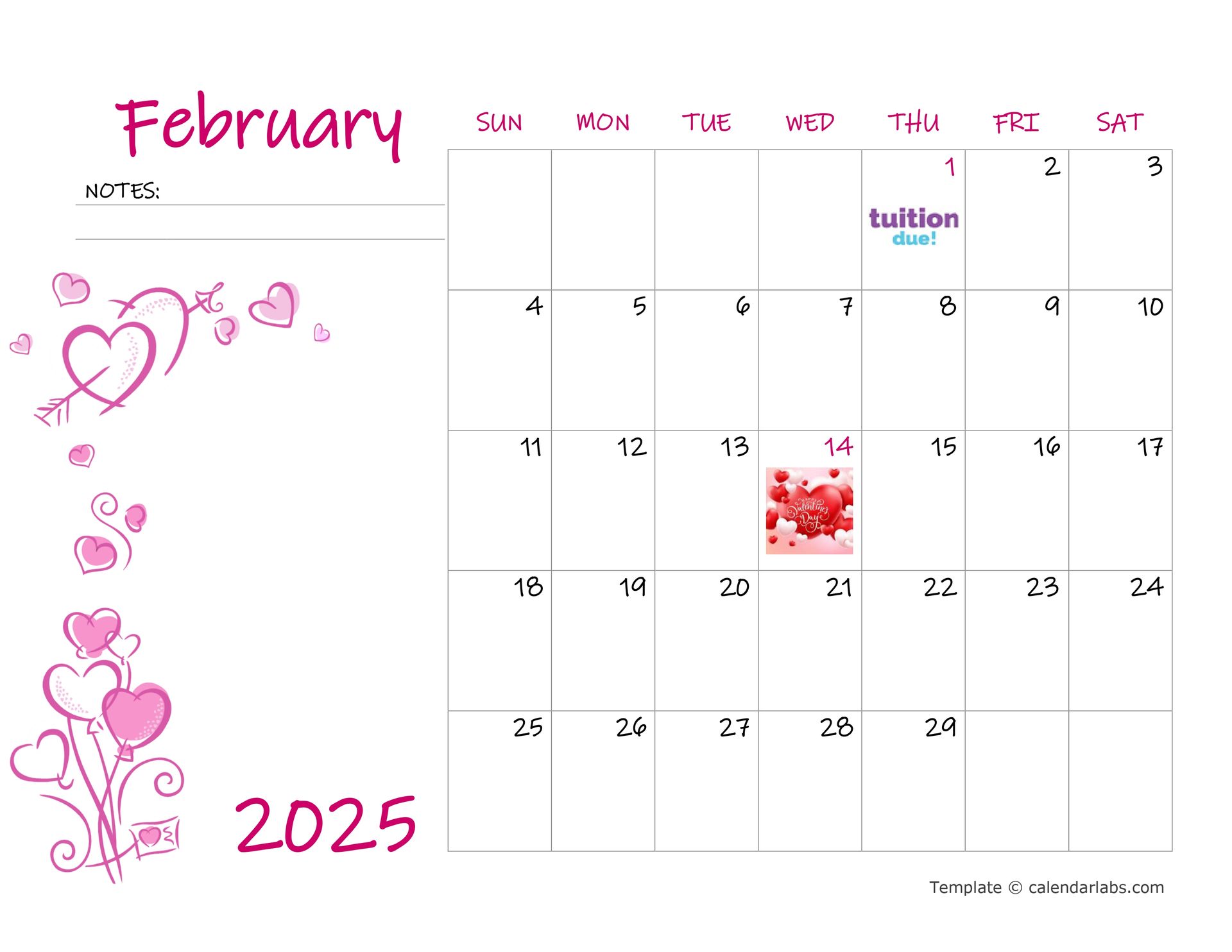 A calendar for the month of february with pink hearts and balloons.