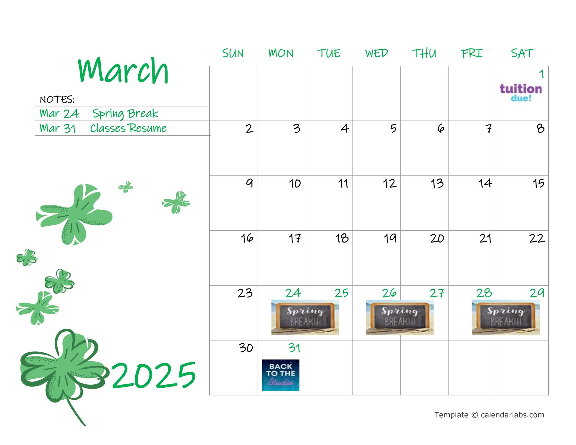 A calendar for march 2025 with a clover and chalkboard.