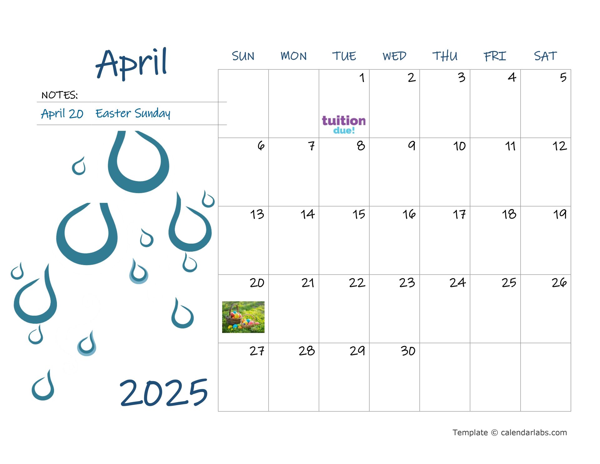 A calendar for the month of april with horseshoes and rain drops on it.