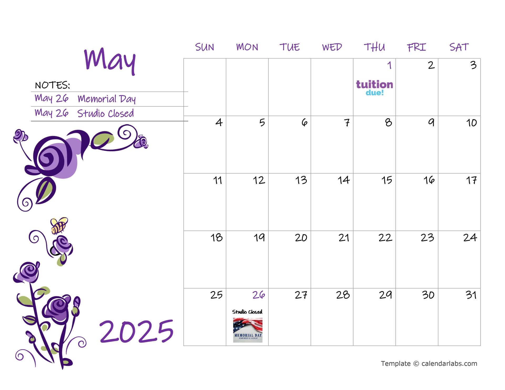 A calendar for the month of may with purple flowers on it.