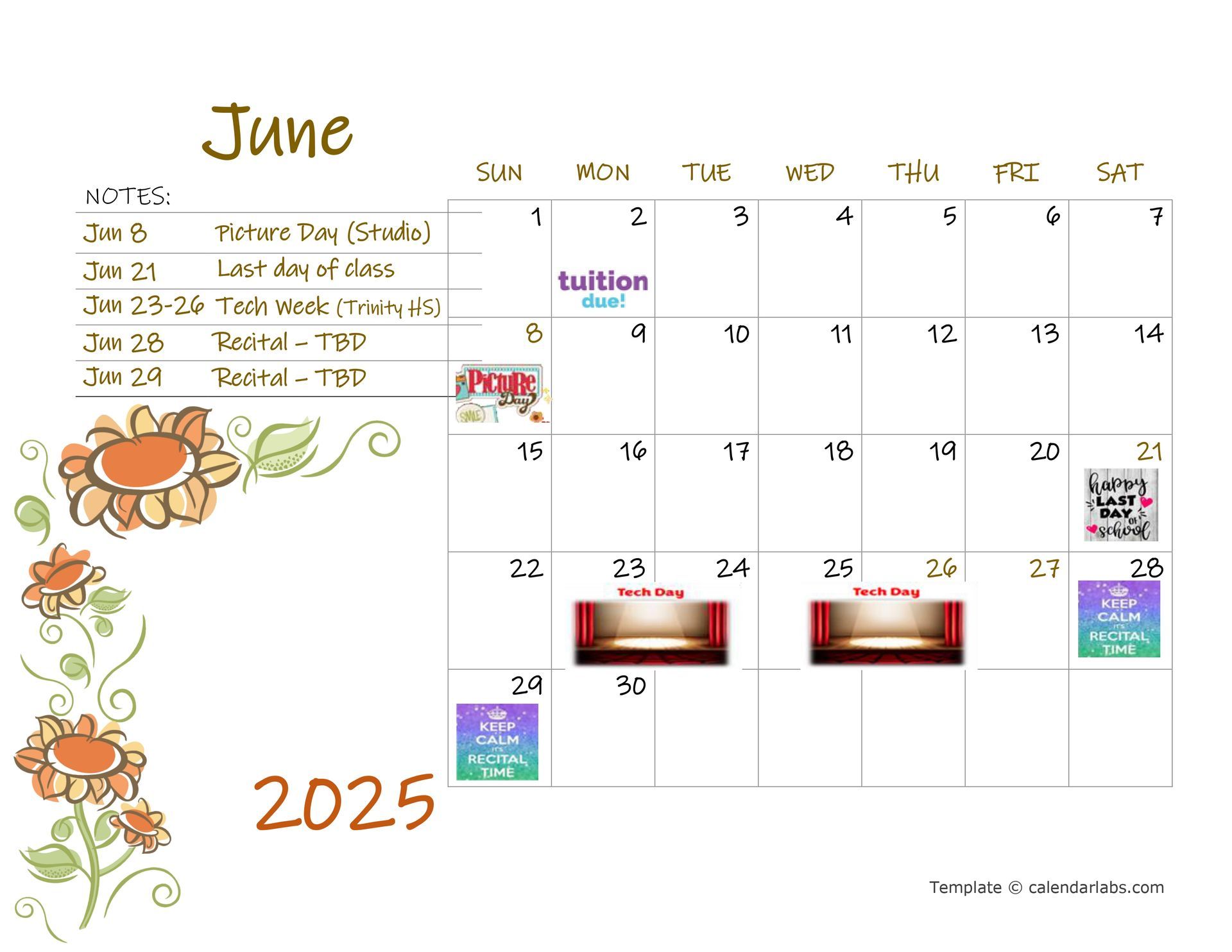 A calendar for the month of june with flowers on it