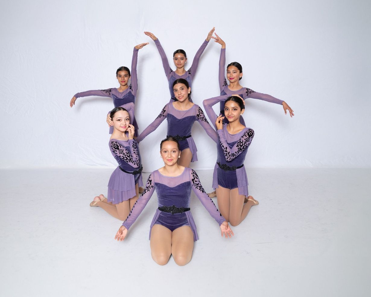 A group of young women in purple leotards are posing for a picture.