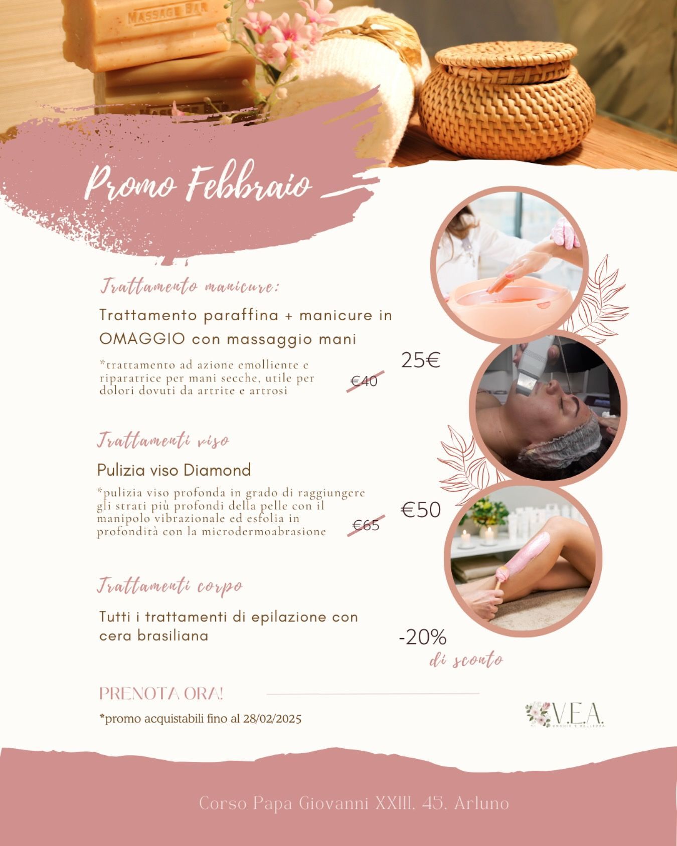 Volantino rosa del centro benessere con menù di massaggi e depilazione, con foto di un massaggio e candele.