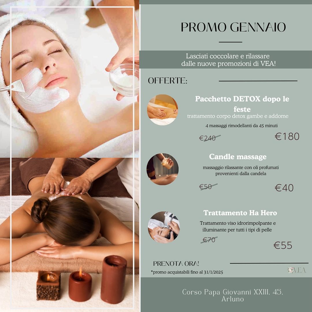 Volantino promozionale per centro benessere con immagini di massaggi, trattamenti viso e tè su sfondo beige.