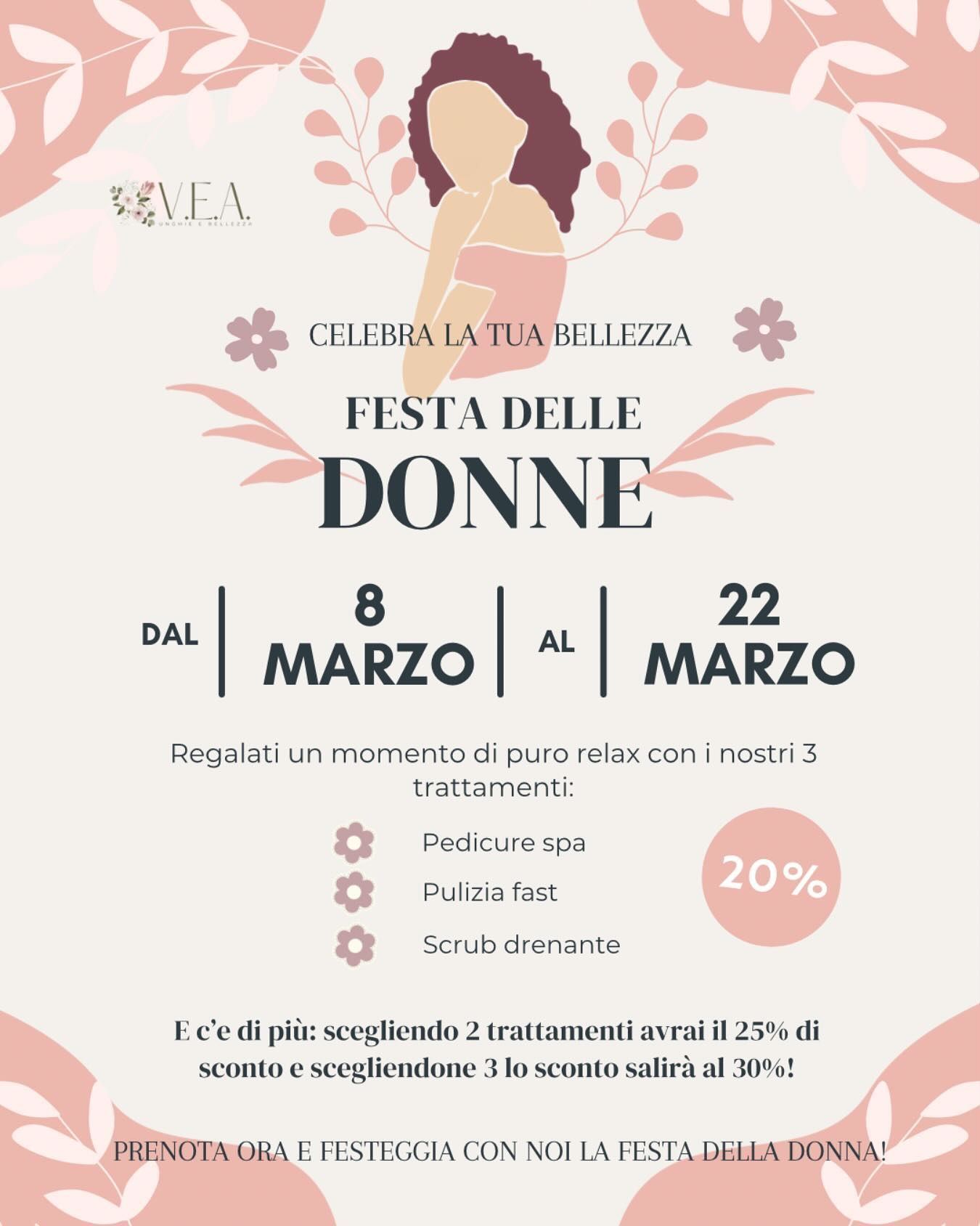 Poster rosa con sagoma femminile e foglie; promozione Festa delle Donne dal 8 al 22 marzo, sconto 20% in salone.