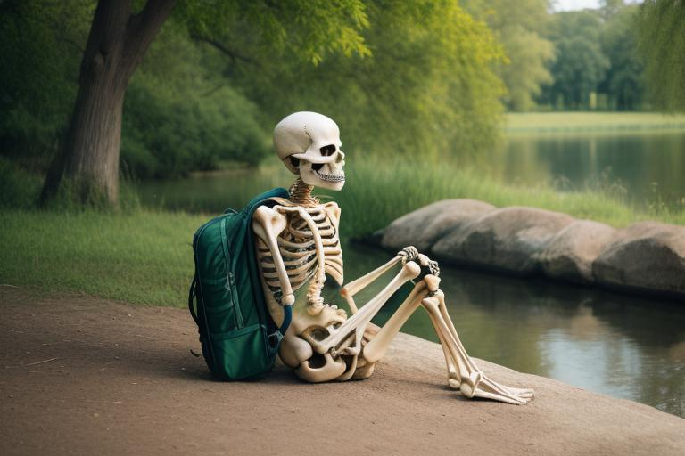 Een skelet met rugzak aan de rand van de rivier.