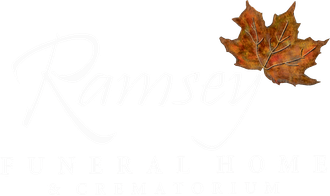 Ramsey Funeral Home logo with a fall leaf.