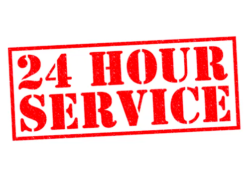 A red 24 hour service stamp on a white background