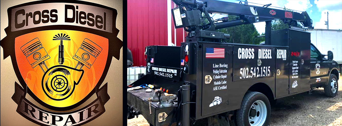 A logo for cross diesel repairs next to a picture of a truck