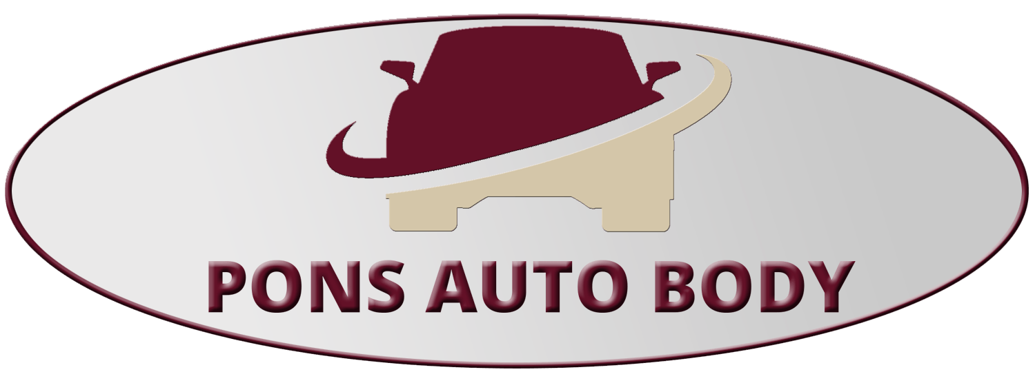 A logo for pons auto body with a hat on it