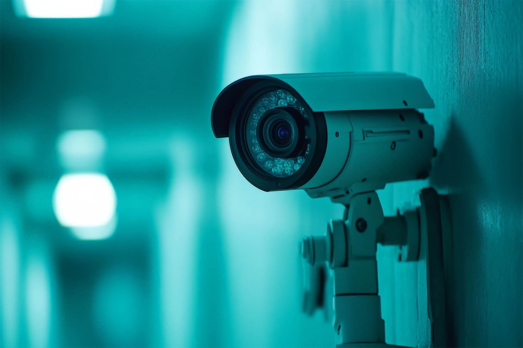 Modern wall-mounted security camera in a dimly lit blue room, angled for indoor surveillance.