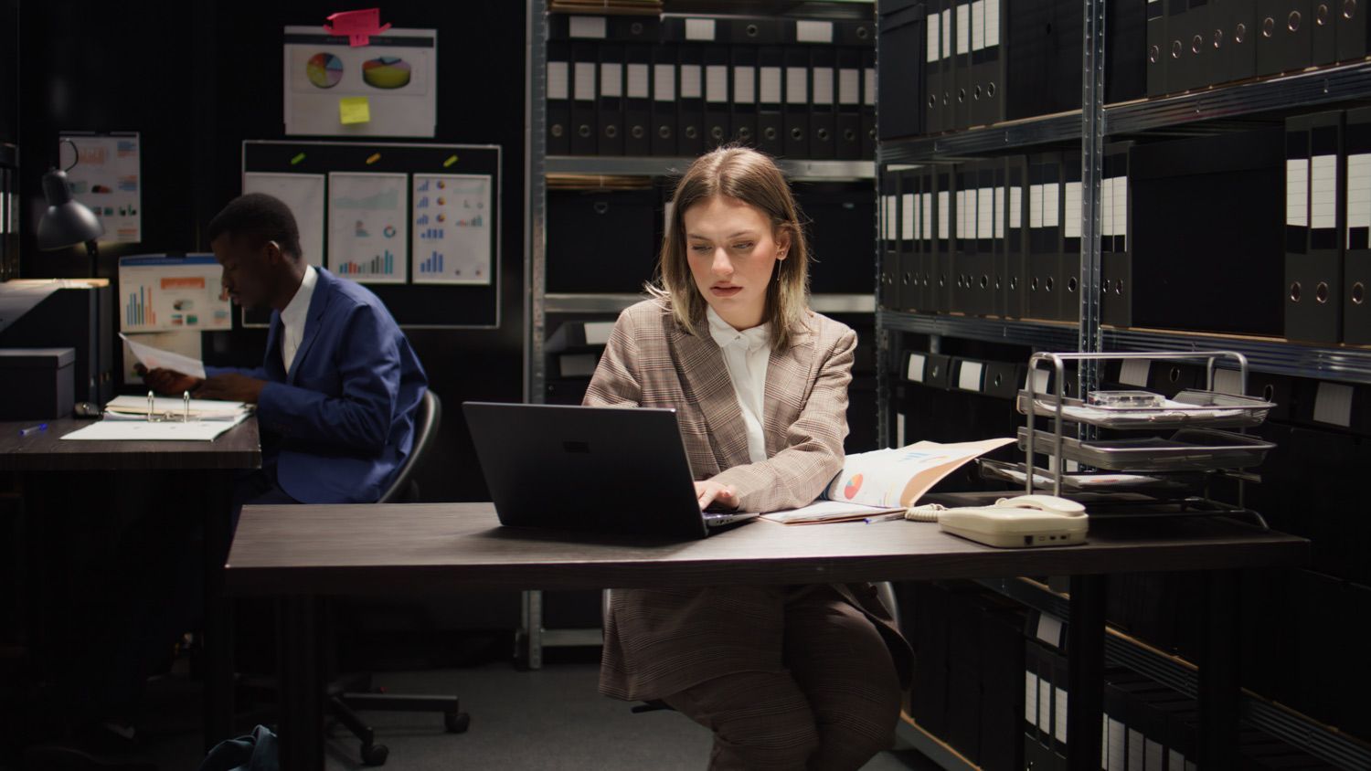 A professional private investigator sitting at a desk with surveillance equipment, reviewing case files.