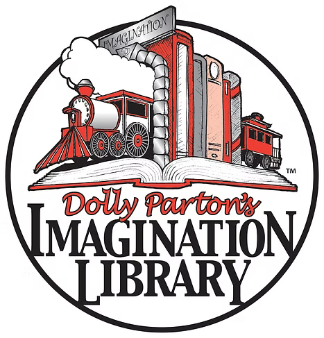The logo for dolly parton 's imagination library shows a train coming out of a book.
