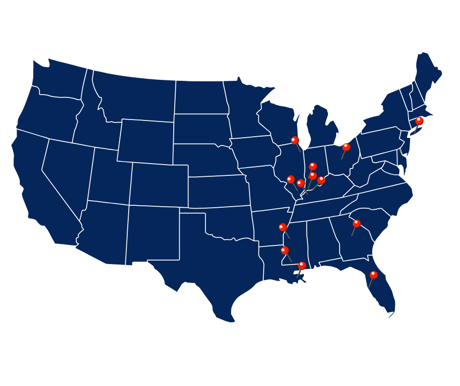 A map of the united states with red pins on it.