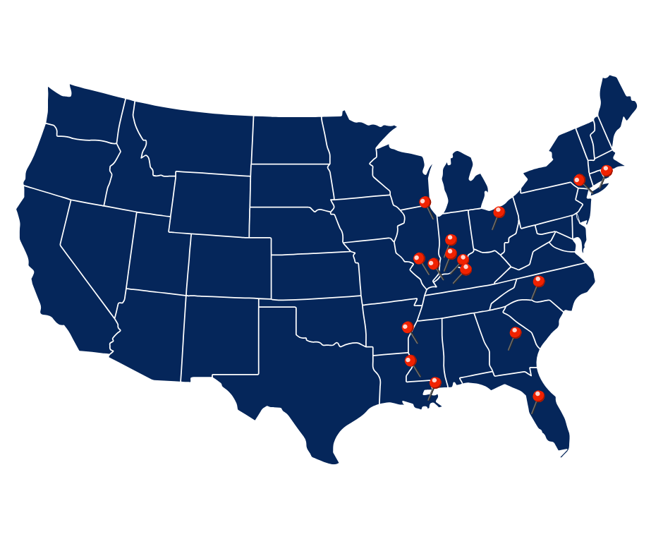 A map of the united states with red pins on it.