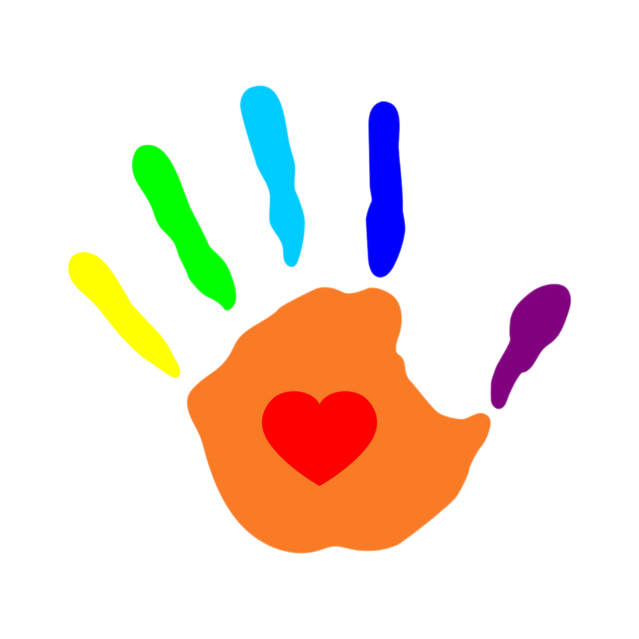 A colorful hand print with a red heart in the middle