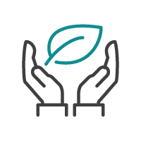 Mains tenant une feuille sarcelle, symbolisant la protection de l'environnement.