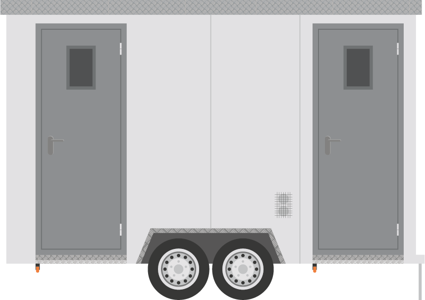 Remorque de toilettes portables avec deux portes grises.