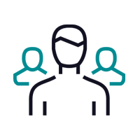 Trois personnages stylisés, une figure centrale et deux figures latérales en bleu sarcelle, représentant le travail d'équipe.