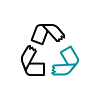 Symbole de recyclage avec trois flèches en forme de ruban ; une turquoise.