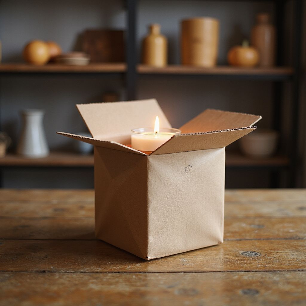 Candle burning inside a partially open brown cardboard box on a wooden table. Shelves with objects in the background.