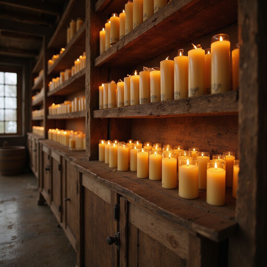 Wooden shelves filled with lit candles in a dimly lit room.