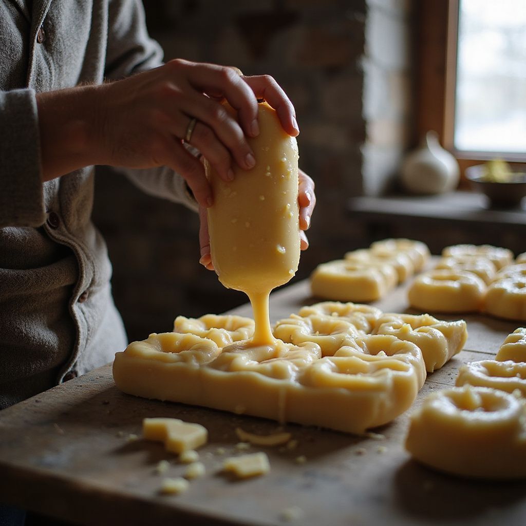 Person pouring yellow liquid from a mold onto a tray of similar molds in a stone-walled room.
