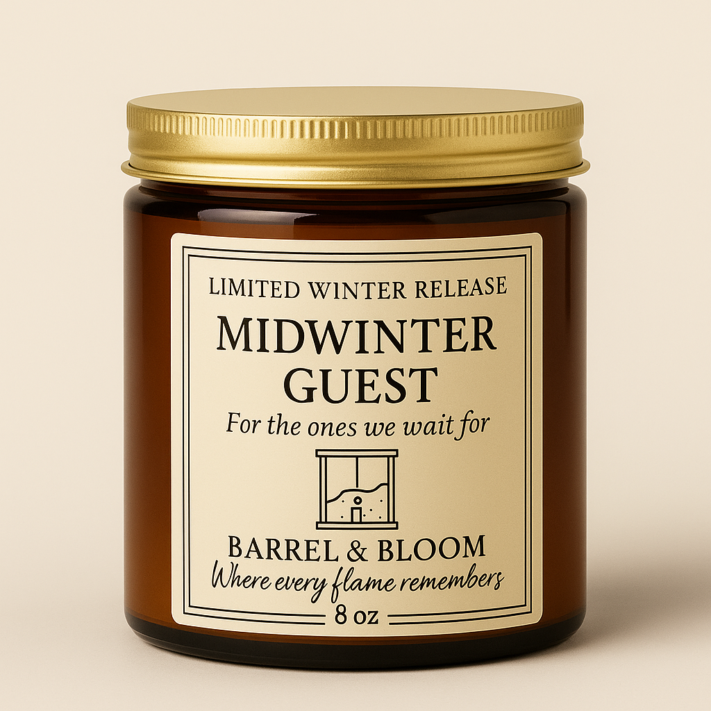 Brown glass candle with gold lid and label: