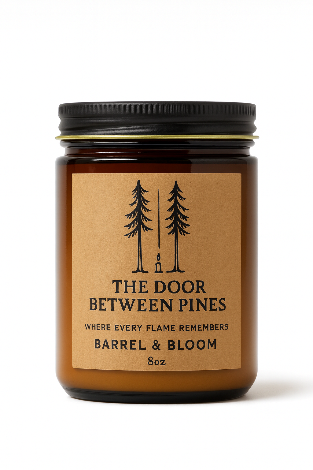 Candle in a brown glass jar with a black lid and a brown label with trees and text:
