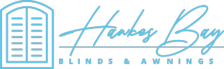 The logo for Hawkes  bay blinds and awnings shows a window with shutters on it.