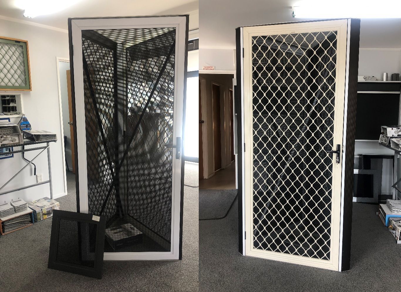 Two pictures of a screen door in a room.