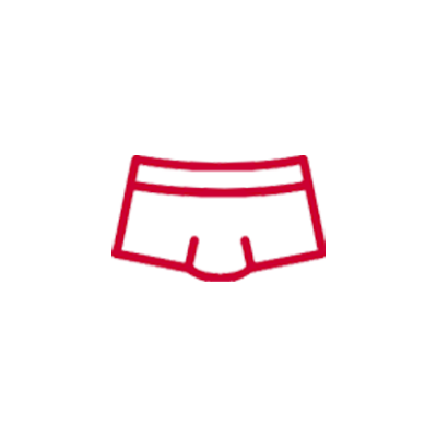 Un dessin au trait rouge d'une paire de shorts sur fond blanc.