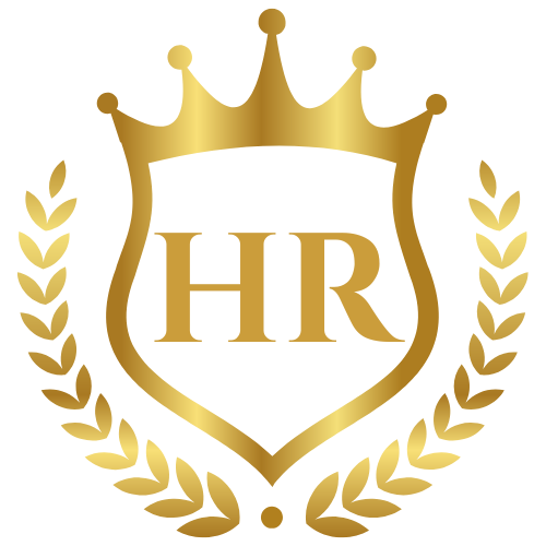 Gold HR initials within a shield, topped by a crown, surrounded by laurel wreaths.