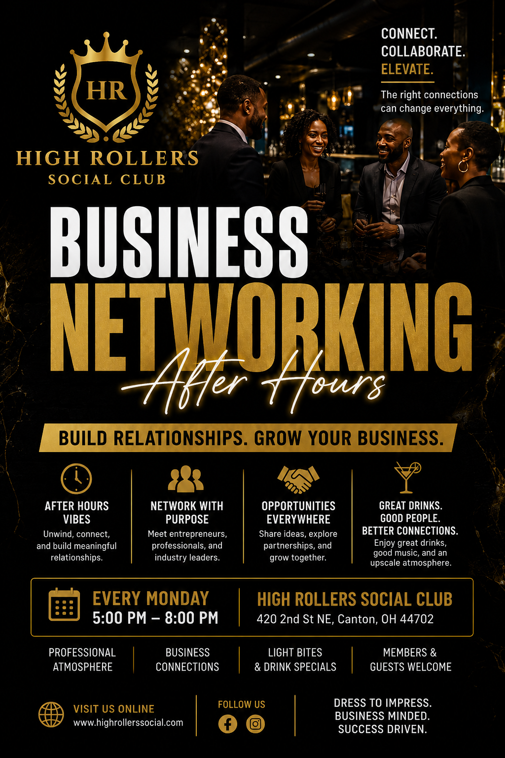 Black-and-gold flyer for a business networking after-hours event at High Rollers Social Club.