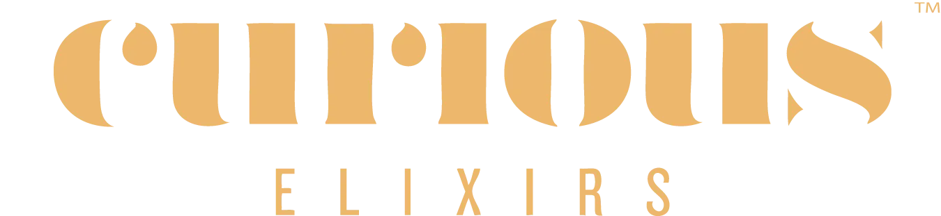 Logo for Curious Elixirs, in an elegant gold font.