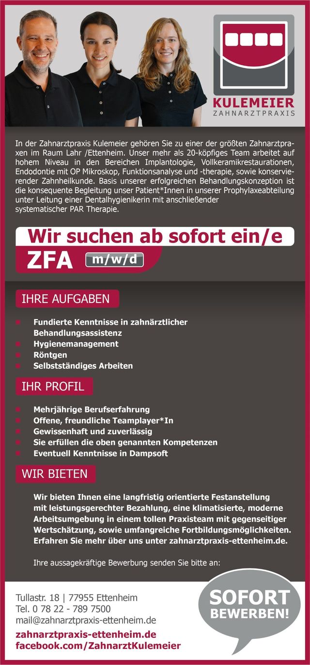 Stellenangebot ZFA Zahnarztpraxis Jens Kulemeier, Ettenheim