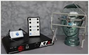 A device is sitting on top of a table next to a mannequin head.